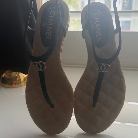 CHANEL Black Strappy Quilted Beige Footbed Sandals with CC Logo